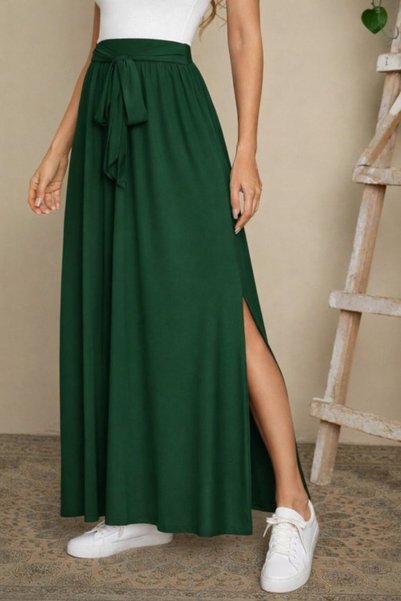 Generic Brand Women's High Waist Belted Long Sandy Skirt with Side Slits