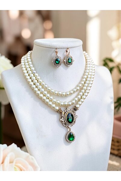 FAYRA ACCESSORIES Yeşil Kristal Taşlı İnci Kolye ve Küpe Seti