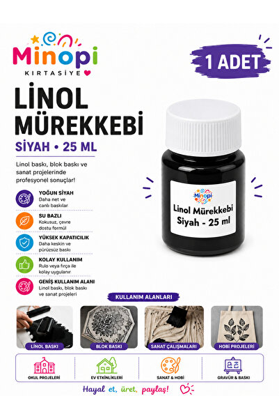 Minopi ( 1 Adet ) Linol Mürekkebi Siyah 25 ml Linol Baskı Mürekkebi Blok Bask...