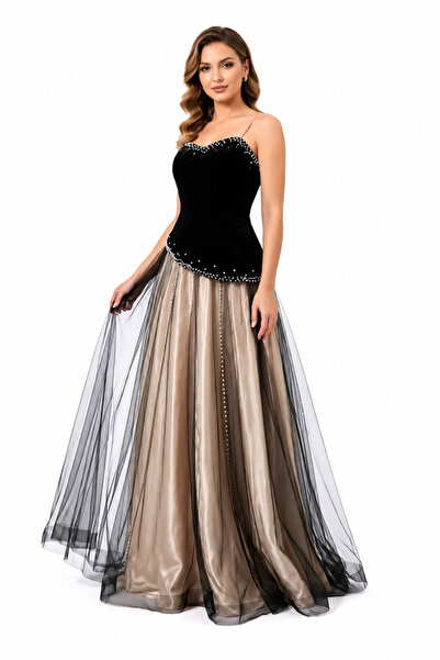 unbranded Women's Black Velvet Evening Gown with Champagne Tulle Maxi Skirt