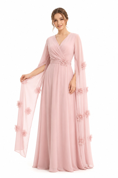 unbranded Women's Blush Pink Chiffon Maxi Evening Dress with Floral Appliqué ...