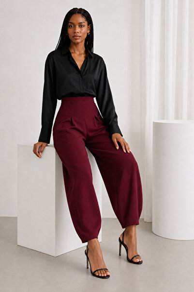 BlackShein Pantaloni tip balon cu talie elastică, model Shalwar