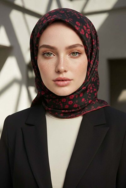Vissona %100 Twill İpek Çıtır Çiçek Desenli Siyah - Bordo Renkli 90x90 Eşarp ...