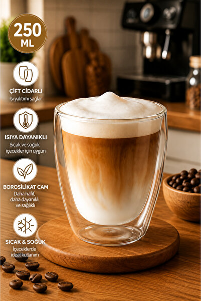 Ercazzo Çift Cidarlı Bardak Kahve Sunum Bardağı Latte Espresso Cam Bardak 250...