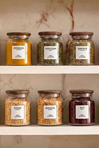 Kitchen Life 6'lı Akasya Kapaklı Etiketli Cam Baharatlık Takımı Kavanoz 290 ml