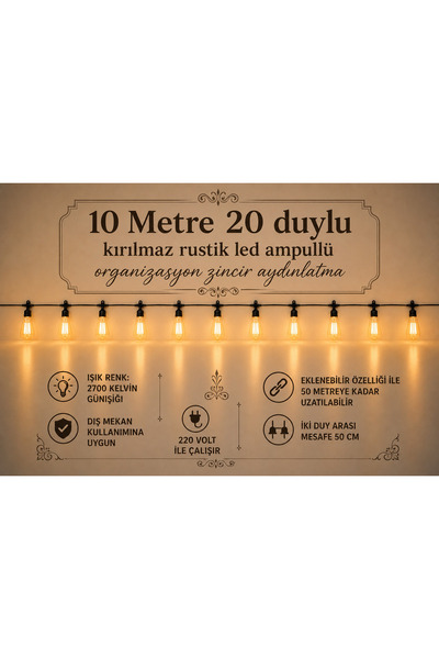 sekizgen led 10 Metre 20 Duylu Rustik Kırılmaz Ampullü Eklenebilir Organizasy...
