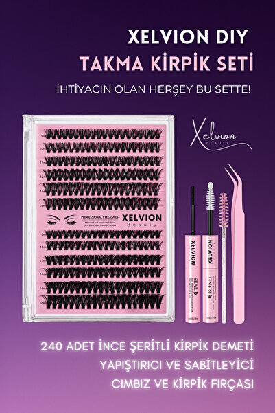 XELVION BEAUTY 240'lı Takma Kirpik Seti, Yapıştırıcı, Sabitleyici, Cımbız ve ...