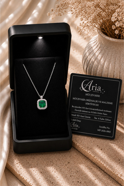 eva'sjewellery diamond Zümrüt Kolye Zirkon Taşlı, 2 Mikron 18 Ayar Altın Kapl...