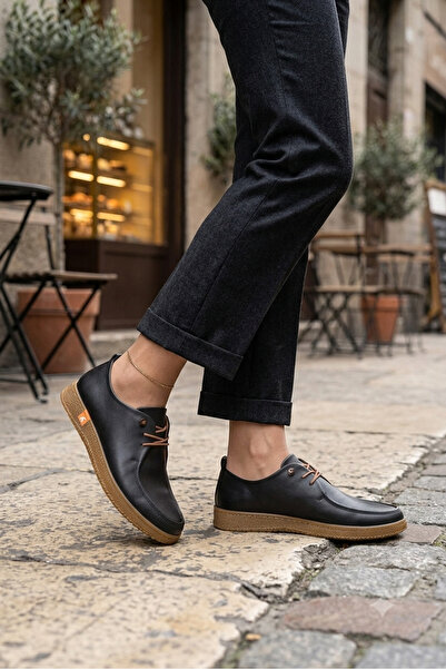 waykon Women's Black Genuine Leather Laced Orthopedic Ballerinas