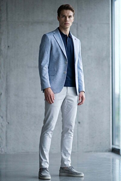 İmza White-Navy Blue Mono Collar Knitted 6 Drop Slim Fit Jacket 1002260153