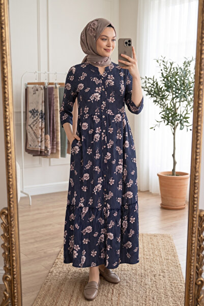 Juliet Deluxe Kadın Dokuma Viskon Kumaş Uzun Kollu Düğmeli Tesettür Elbise 33275