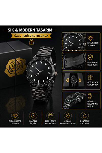 seraptakidunyasi Erkek Kol Saati Siyah Metal Kordon Quartz Analog Yuvarlak Ka...