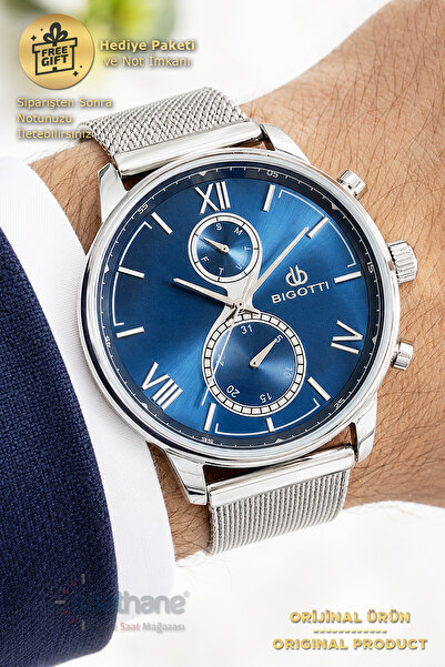 Bigotti Functional Blue Dial Calendar Watch Gift for Father Husband Lover Spo...