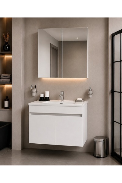 Demezler Home Modern 80 cm Beyaz MDF Hilton Banyo Dolabı Takımı Aynalı Serami...