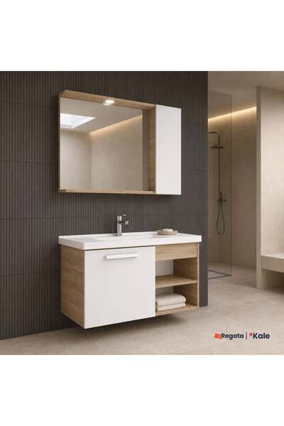 KALE Mare 100 Cm Beyaz-Meşe Banyo Dolabı Takımı