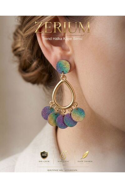 ZERİUM Hanging Steel Women's Earrings Colorful Acrylic Sequin Chandelier Mode...