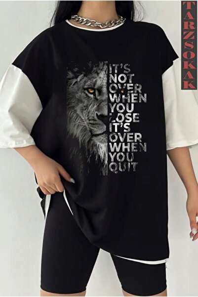 Tarzsokak Siyah Oversize Çift Renk ASLAN 2 Baskılı Unisex Tshirt