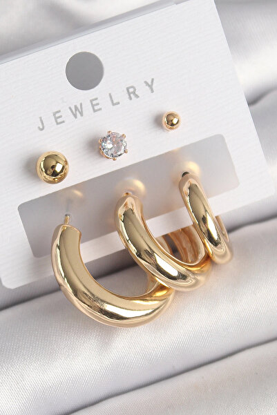 Skygo Brass Gold Color Hoop Model Zircon Stone Topcuk Detail Women's Earrings
