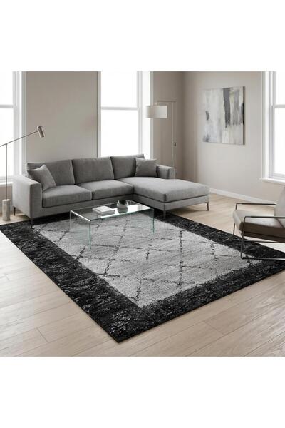 Carpettex Antrasit Çerçeveli Açık Gri Baklava Desenli Dijital Baskılı Kaymaz ...