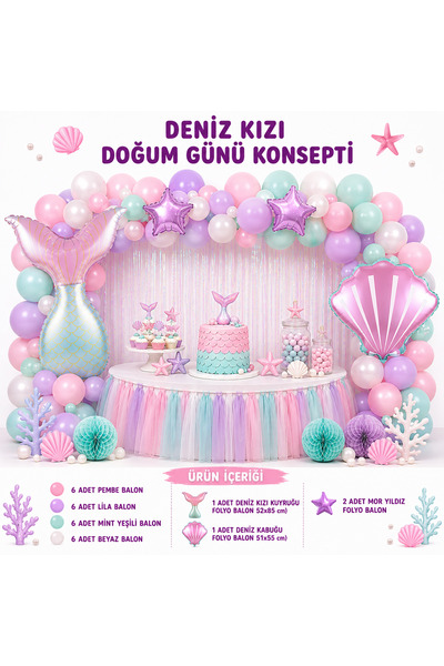 ÇAVUŞ E-TİCARET Deniz Kızı Doğum Günü Parti Seti Deniz Kızı Kuyruğu Folyo Bal...