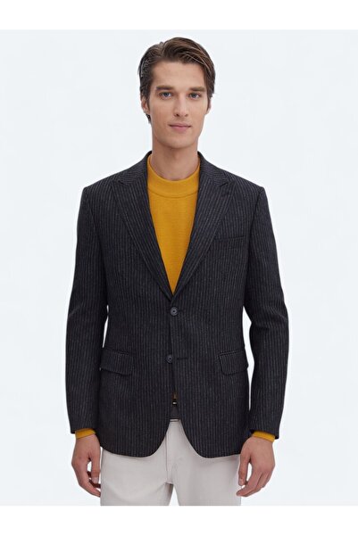 Kip Antrasit Desenli Modern Fit Yün Karışımlı Ceket