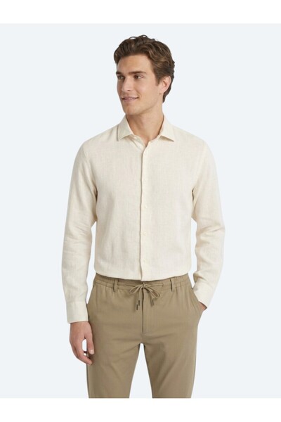 Kip Beige Regular Fit Long Woven Casual Cotton Blend Shirt
