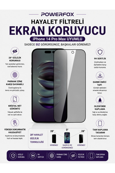 Powerfox iPhone 14 Pro Max Uyumlu Privacy Hayalet Kırılmaz Cam Tam Kaplayan G...