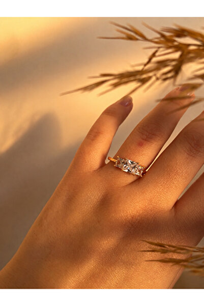 Owentis Çelik Rose Gold Pırlanta Kesim Üç Taş Shining Yüzük Çap 21 MM -ölçü s...