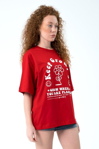 Eazy Co Tricou cu mânecă scurtă cu imprimeu extra oversize unisex Eazy Red Keep Growing