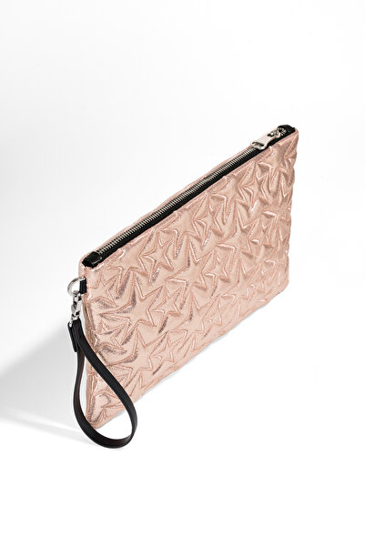 Ecrou Yıldız Desenli Pudra Parlak Portföy & Clutch Çanta Çıkarılabilir Bileklik Askılı 30 x 19 cm