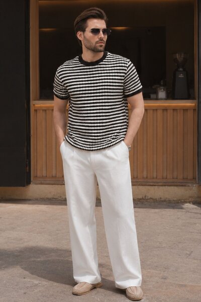Madmext Negru jacard guler rotund Tricou bărbați E7181