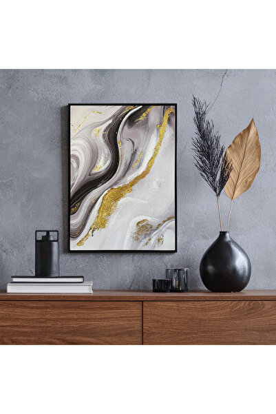 MallDeco Tablou Canvas Abstract Elegant cu Accente Aurii, Finisaj Lucios cu D...