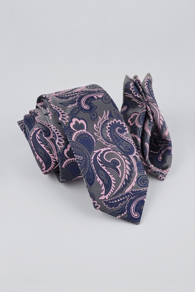 Milleniva Shawl Patterned Gray Pink Tie & Handkerchief