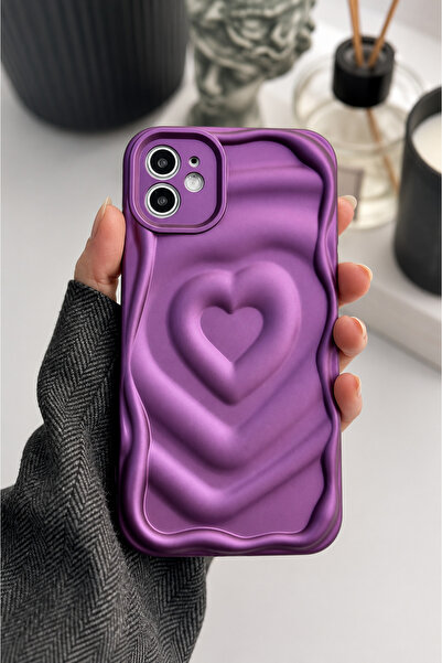 Go Aksesuar Apple Iphone 11 Uyumlu 3D Mat Kabartma Kalp Desenli Darbe Önleyic...