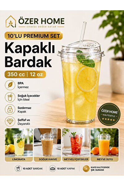 troykar 10'lu 350cc Kilitli Kapaklı Şeffaf PET Bardak BPA içermez Limonata Ka...