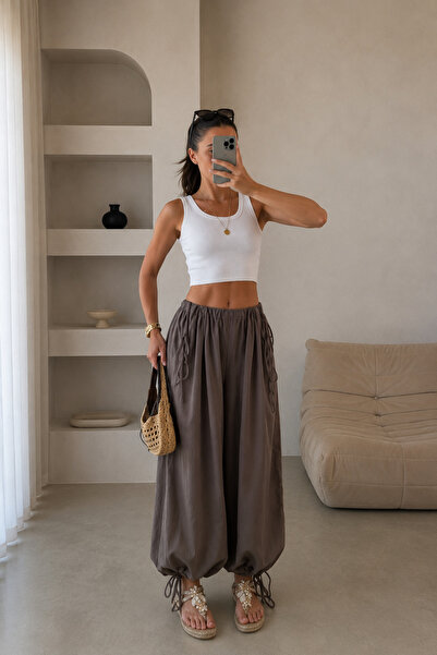 Nika Fashion Kadın Beli Büzgülü Paçası Bağlama Detaylı Dökümlü Modal Tensel K...