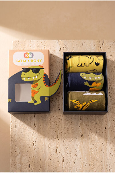 BONY SOCKS Children's 3D Dinosaur Patterned Boxed 3-Piece Socks