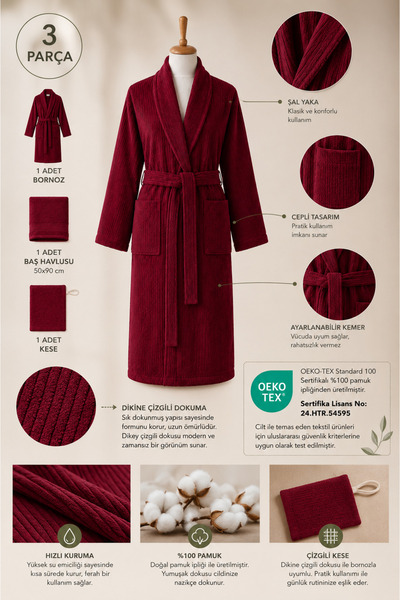 Ellaline Eldy Striped Bathrobe Set, 3 Pieces, 100% Cotton Certified Şalyaka Bathrobe Set - Burgundy