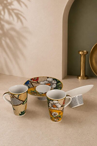 Edora Home Türk Kahvesi Fincan Takımı İçe Geçmeli Vintage Floral 2 Kişilik 4 Parça Fincan Ve Tabak (Makinede Yı