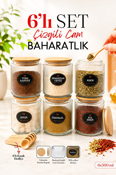 Karçiçeği Home 6'lı Vakum Kapaklı Kaşıklı 300 ml Cam Kavanoz Erzak Kabı Bahar...