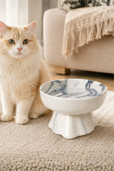 Pawicci 15° Eğik Seramik Marble Black Kedi Mama Kabı Yükseltilmiş, Kaymaz, Doğal ve Sağlıklı Mama Kasesi