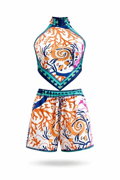 5in1Canpolat Colorful Patterned Halter Neck Blouse Shorts Set 5663