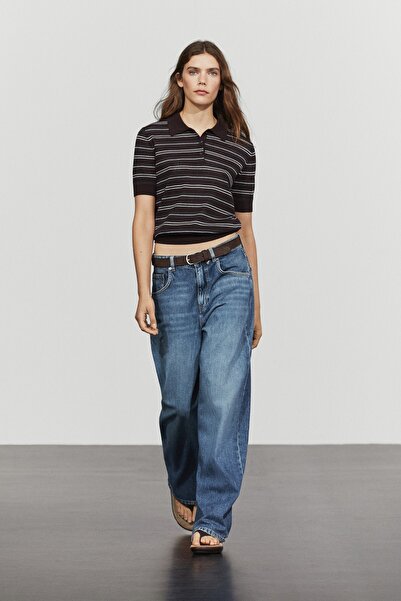 Massimo Dutti Pamuk karışımlı çizgili ajurlu polo yaka t-shirt