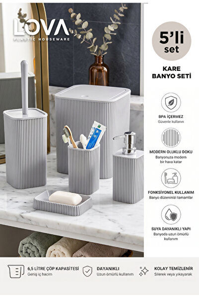 lovagroup Modern Çizgili 5 Parça Kare Banyo Seti - Çöp Kovası-WC Fırçası Sıvı...