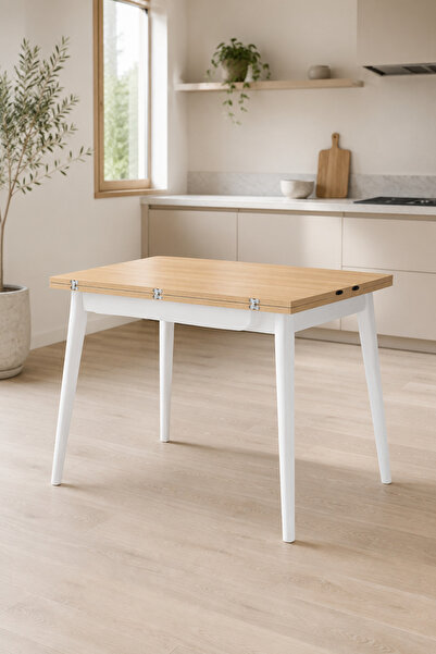 VİLİNZE Avanos Ahşap Ayaklı Katlanır Kanatlı Mdf Mutfak Masası - 60x90+60 (90...