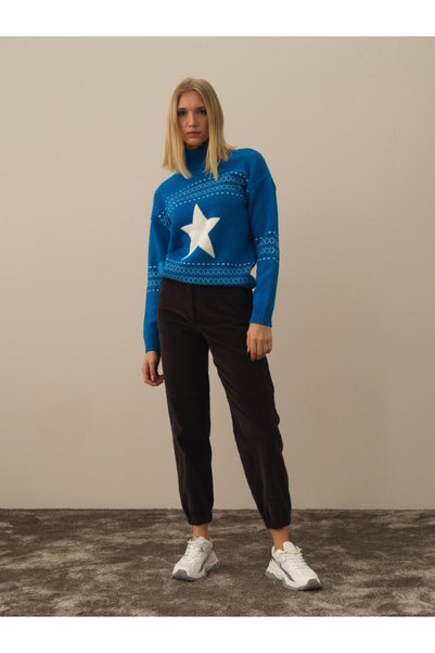Xint Kadın Mavi Oversize Desenli Yünlü Kazak