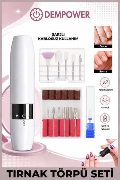 DEMPOWER Şarjlı Taşınabilir 12 Parça Tırnak Manikür Pedikür Törpü Makinesi