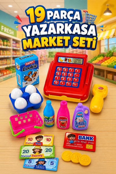 FunkyCraft Oyuncak Market Seti Barkod Okuyuculu Yazar Kasa Alışveriş Seti Kas...