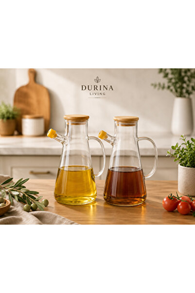 Durina Living طقم من قارورتين زيت زيتون وخل زجاجيتين بغطاء من الخيزران سعة 90...