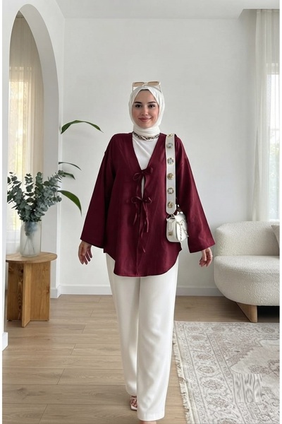 Burgundy Front Tied Seasonal Kimono Kaftan Hijab Tunic Stylish Casual Jacket Casual Style New Season Fashion